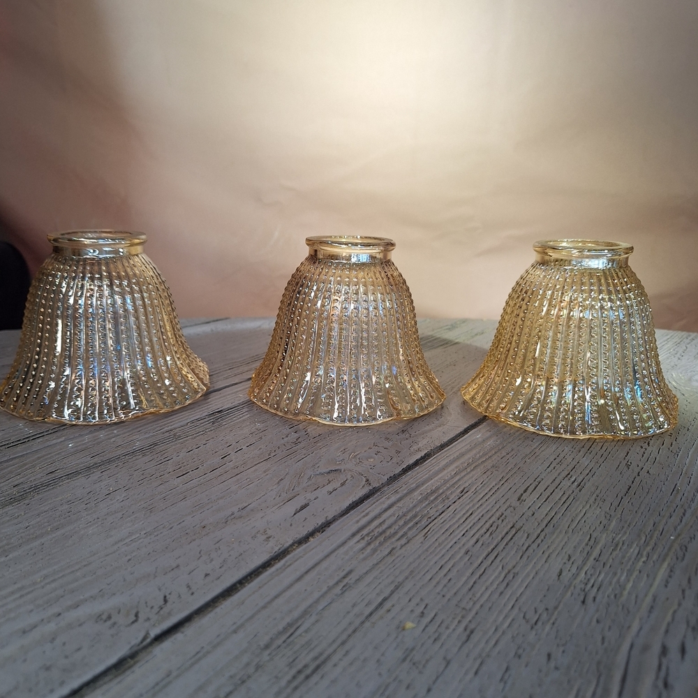 Vintage Amber/Golden Fluted Lampshade Votive Carnival/Iridescent Glass Hobnail 3 - Picture 2 of 5